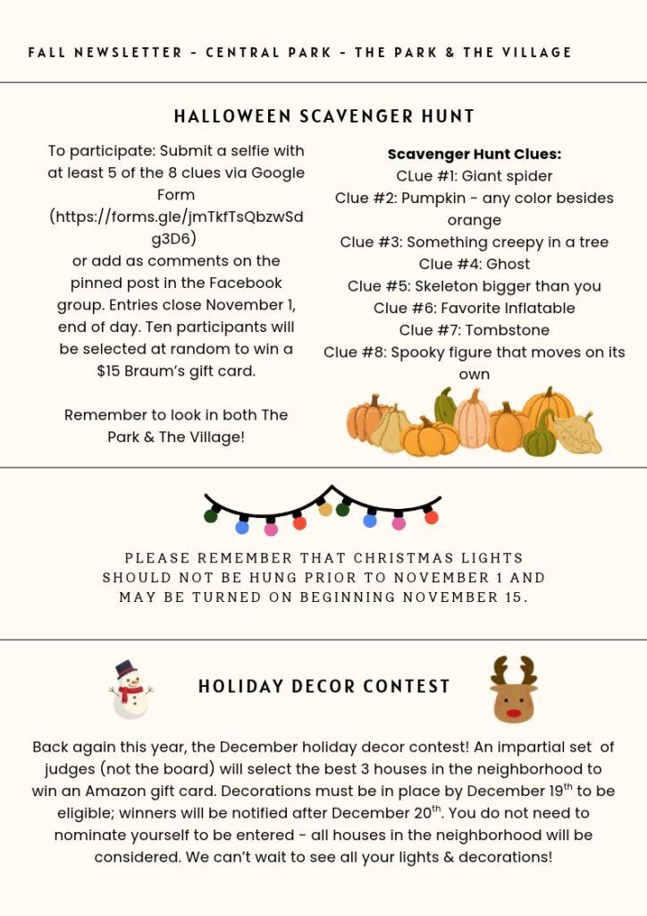 Central Park HOA Fall 2026 newsletter: Halloween scavenger hunt, Christmas light rules, and Christmas decor contest